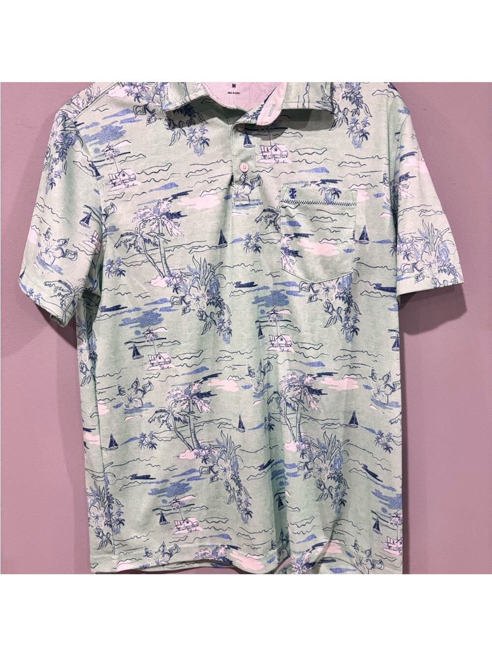 Izod Men's Polo Shirt with Tropical Print - Green and Pink